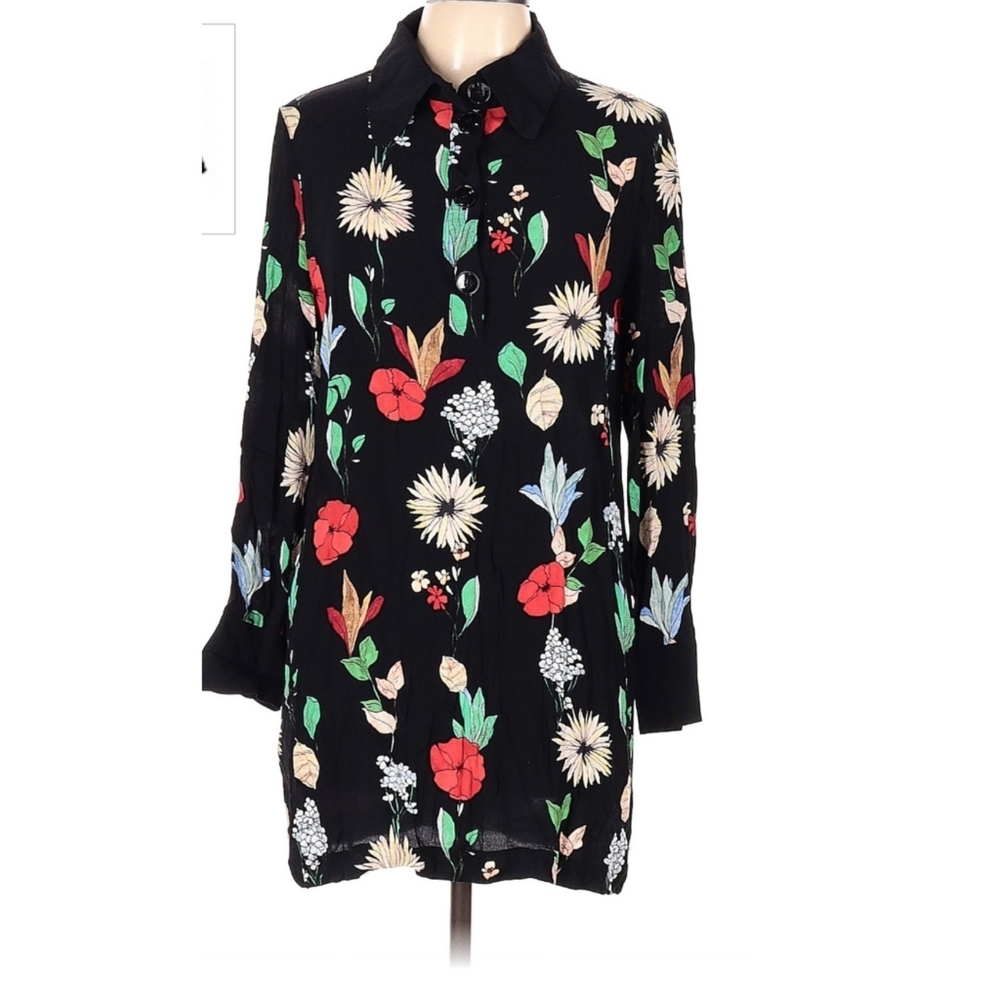 Zara Black Floral Tunic with Red, Green and Cream Accents